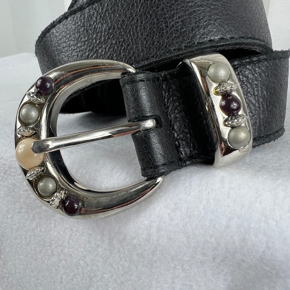 Womens Black Leather Belt size Small Gemstone Buckle Made in USA Boho fstival - Picture 3 of 7